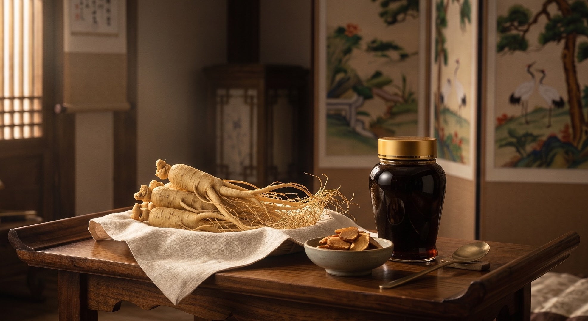 Ginseng roots, honey jar, and traditional Korean tea set on a wooden table in a hanok room